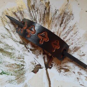 Vintage Leather Mushroom Patterned Hair Clip with Stick